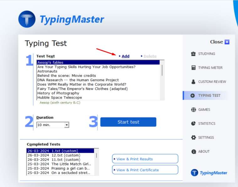 Certainly! Here's a combined alt tag with commas separating each phrase:

Typing tutor interface with custom text setup, uploading custom text to typing tutor, adding text file to typing exercises, step-by-step guide for custom text integration