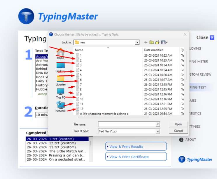 Certainly! Here's a combined alt tag with commas separating each phrase:

Typing tutor interface with custom text setup, uploading custom text to typing tutor, adding text file to typing exercises, step-by-step guide for custom text integration