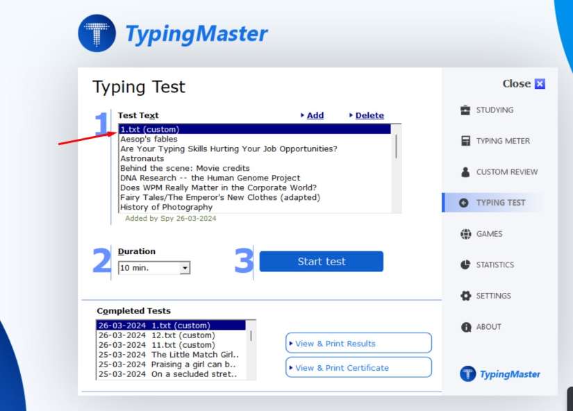 Certainly! Here's a combined alt tag with commas separating each phrase:

Typing tutor interface with custom text setup, uploading custom text to typing tutor, adding text file to typing exercises, step-by-step guide for custom text integration